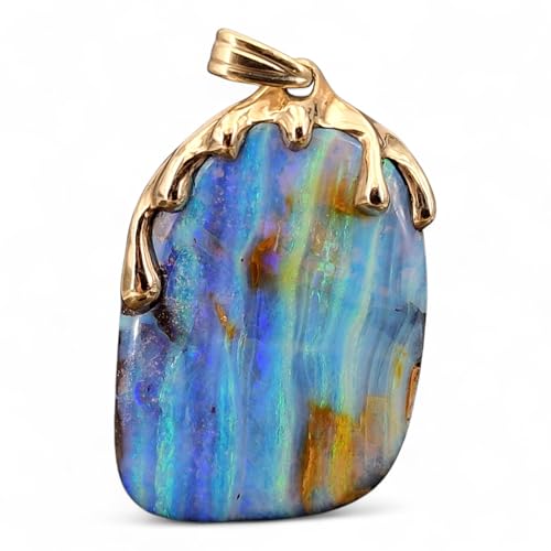 LeoLars-PABE herrlicher Boulder Opal Design Anhänger aus 585er Gelbgold im Tropfen Design, Opalschicht mit mehrfarbigem Opalfeuer, mit Wachstumsrissen, Stabil, Unikat, Handarbeit, Unisex