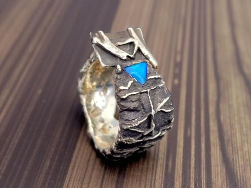 LeoLars-PABE Rustikaler, teilgeschwärzter Design Ring aus 925er Silber mit intensivem brilliantem Opalfeuer in grün und blau, Lightning Ridge Opal, Gr. 59-60 (19), Unikat, Handarbeit, Unisex
