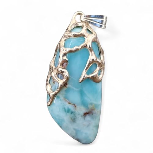 LeoLars-PABE Larimar Design Anhänger aus 925er Silber, organische Gitter Struktur, herrliches Karibik blau, Unikat, Design, Unisex, Handarbeit
