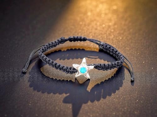 LeoLars-PABE schwarzes Seestern Makramee Design Armband, aus 925er Silber mit Lightning Ridge Opal mit grün-blauem Feuer, Unikat, Umfang 18-25cm, Unisex, Handarbeit