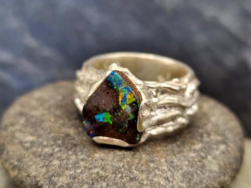 LeoLars-PABE Boulder Opal Design Ring aus 925er Silber, Gr. 57 (18,2), Opal Multicolor Opalfeuer, 12,9 x 10,5mm, Organisch fließendes gewachsenes Design, Unikat, Handarbeit