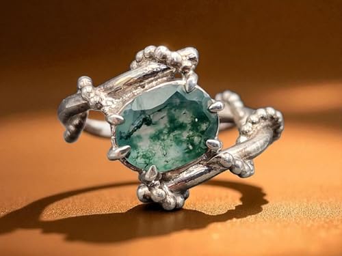 LeoLars-PABE Verspielter Design Moosachat Ring aus 925er Silber, Gr.56 (18), Nr. 0106, herrlich grün mit Innenleben, oval facettiert, Unikat, Handarbeit