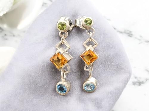 Design Ohrhänger baumelnd mit Stecker aus 925er Silber mit Peridot, Citrin und Blautopas in Zargenfassung, Unikat, Handarbeit