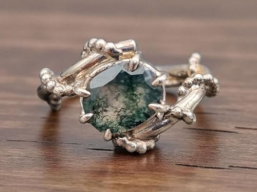 LeoLars-PABE Moosachat Design Ring verspielt, Gr. 56 (18), Nr. 0107, aus 925er Silber, verschnörkelt, oval facettiert mit wundervollem Innenleben, Unikat, Handarbeit