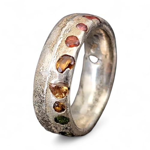 LeoLars-PABE Chaos Sandguss design Ring mit echten eingegossenen Edelsteinen, Gr.60 (19,2), aus 925er Silber, mit Sandguss Oberfläche, Unikat, Handarbeit, Unisex, Nr. 158