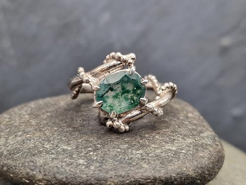 LeoLars-PABE Verspielter Design Moosachat Ring aus 925er Silber, Gr.56 (18), Nr. 0106, herrlich grün mit Innenleben, oval facettiert, Unikat, Handarbeit