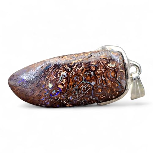 LeoLars-PABE Anhänger mit Boulder Opal aus 925er Silber, schlicht, tolles Muster mit partiellem Opalfeuer in blau-grün, Unikat, Unisex, Handarbeit