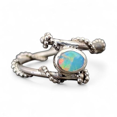 LeoLars-PABE Verspielter, zarter Lightning Ridge Opal Design Ring aus 925er Silber, Gr. 52 (16,7), kräftiges Opalfeuer in blau und grün, Unikat, Handarbeit