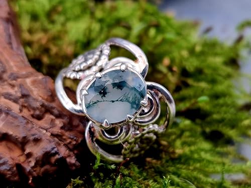 LeoLars-PABE Verspielter und verschnörkelter Moosachat Design Ring aus 925er Silber, Gr.54-55(17,5), Nr. 0108, Unikat, Handarbeit