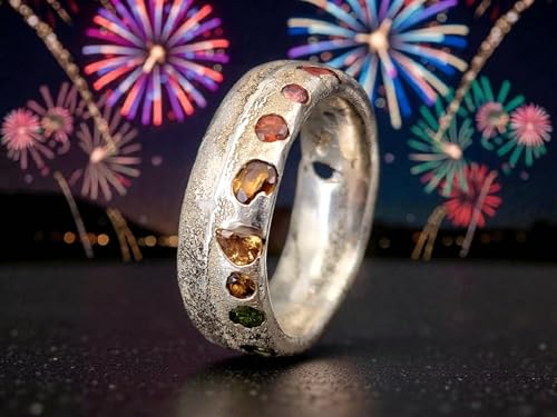 LeoLars-PABE Chaos Sandguss design Ring mit echten eingegossenen Edelsteinen, Gr.60 (19,2), aus 925er Silber, mit Sandguss Oberfläche, Unikat, Handarbeit, Unisex, Nr. 158