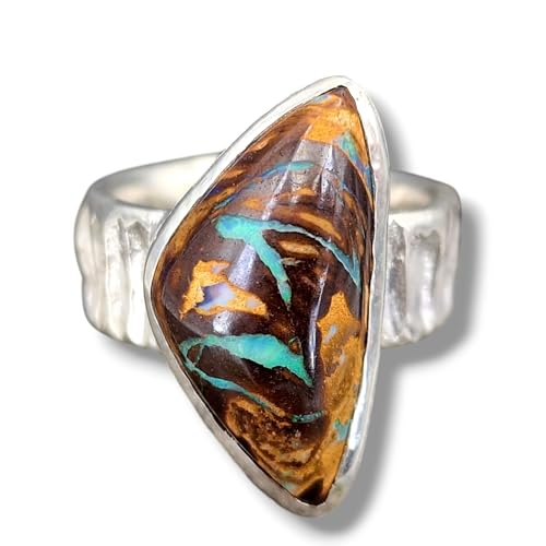 LeoLars-PABE Boulder Opal Design Ring aus 925er Silber, grob strukturierte Oberfläche, Opal grünes Opalfeuer aus Opaladern, Größe: 57-58 (18,3), Unikat, Handarbeit