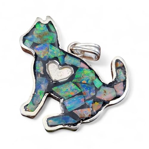 LeoLars-PABE Multicolor Opalsplitter (Lightning Ridge), Katzen Design Anhänger aus 925er Silber, Opale in Kunststoff eingegossen, Katze, Katzen und Opalliebhaber, bunt, Handarbeit, Unikat, Unisex