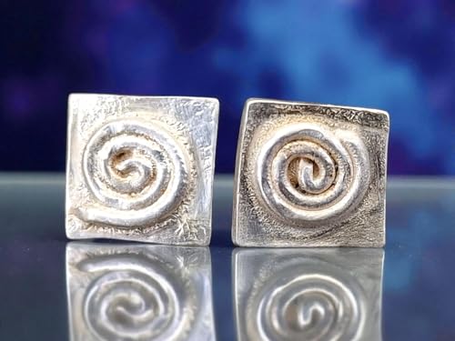 Rechteckige Design Ohrstecker aus 925er Silber mit Spirale des Lebens, mit Flügelmuttern, Unikat, Handarbeit, Unisex