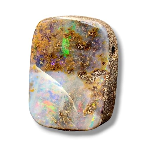 gebohrter Boulder Opal Anhänger mit 60cm Lederband, Opal mit Multicolor Opalfeuer in klarer Opalschicht, Wachstumsriss - doch stabil, 27,6 x 20,4 x 9,8mm, Unikat, Handgeschliffen