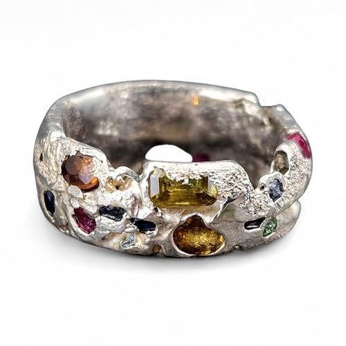 LeoLars-PABE Sandguss Chaos Design Ring, Gr.55 (17,5), aus 925er Silber mit echten eingegossenen Edelsteinen, Sandguss typische Oberflächen Struktur, Nr. 157, Unikat, Handarbeit
