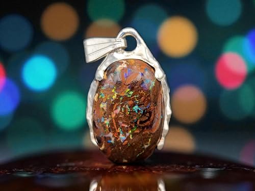 LeoLars-PABE Multicolor Boulder Opal Design Anhänger aus 925er Silber, organische Fassung, Opal Pinfire, aufgeriebene Krappenfassung, Nature Art, Unikat, Unisex, Handarbeit