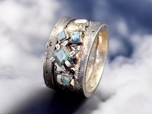 LeoLars-PABE Grüner Turmalin und blaue Rohdiamant Würfel Design Ring aus 925er Silber, Gr. 54 (17,3), geschwärzt, Rau, Natürlich, verspielt, Lavadesign, eingegossene weiße Saphire, Unikat, Handarbeit