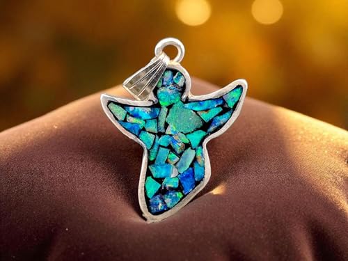 LeoLars-PABE Knallbunter Design Engel Anhänger aus 925er Silber mit Lightning Ridge Opal Splittern, tolles Multicolor Opalfeuer, in Lichtgehärtetem Kunststoff, Unikat, Handarbeit, Unisex