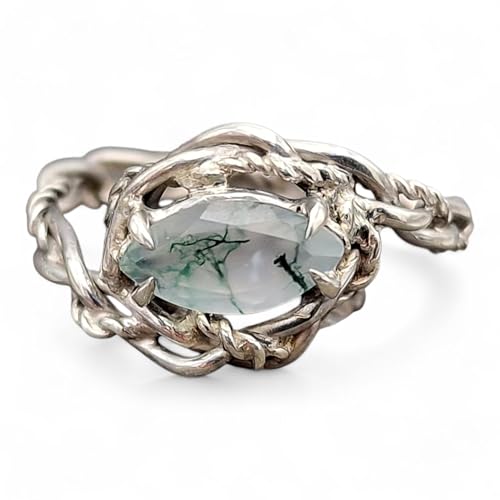 LeoLars-PABE Verspielter Moosachat Design Ring aus 925er Silber, Gr. 57 (18,3),Moosachat mit schönem Innenleben als Navette facettiert, Nr.0103, Unikat, Handarbeit