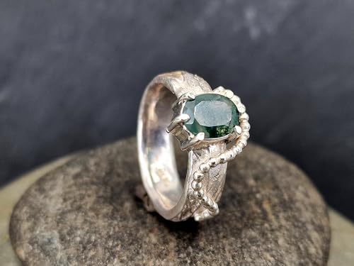 LeoLars-PABE Moosachat Kräuterdesign 420 Ring, Gr. 54 (17,3), aus 925er Silber mit echter Kräuter Oberflächen Struktur, verspielt, Unikat, Handarbeit