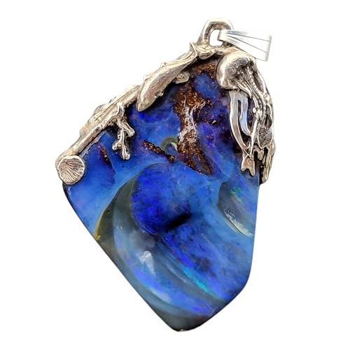 LeoLars-PABE Maritimer Boulder Opal Design Anhänger aus 925er Silber, Opal mit lila, blauem und grünen Opalfeuer, Picture Stone, Unikat, Handarbeit, Unisex,