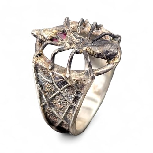 LeoLars-PABE Spinnen Design Ring aus 925er Silber, Gr.59 (18,7), mit blutrotem Rubin, geschwärzt, mystisch, Spinne mit Beute, Unisex, Spinnennetz Struktur, Unikat, Handarbeit