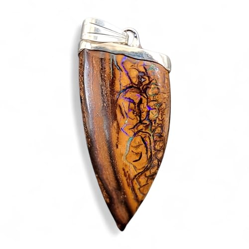LeoLars-PABE Schlichter Boulder Opal Anhänger aus 925er Silber, mit tollem Muster und partiellem Opalfeuer in lila und grün, Unikat, Handarbeit, Unisex
