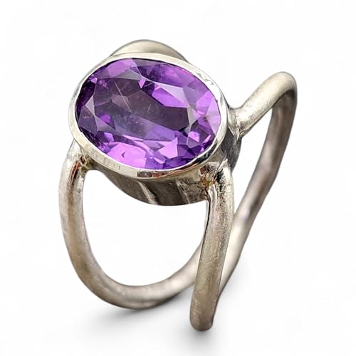 LeoLars-PABE Amethyst Design Ring aus 925er Silber, Gr.60 (19,3), lila oval facettierter Amethyst in Zargenfassung, doppelte Ringschiene, Unikat, Handarbeit