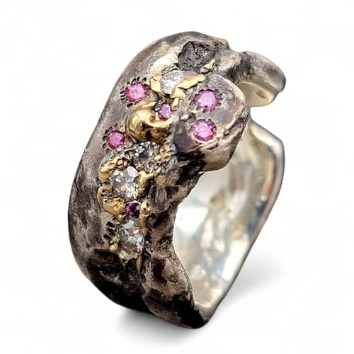 LeoLars-PABE Rustikaler Design Ring, Gr. 61 (19,5), aus 925er Silber und 585er Gelbgold Elementen mit weißen und pinken Labgrown Diamanten, teilgeschwärzt, Unikat, Handarbeit