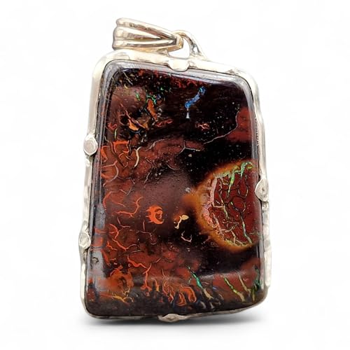LeoLars-PABE Boulder Opal Design Anhänger aus 925er Silber, Opal Picture Stone mit tollem Muster und partiell mehrfarbigem Opalfeuer, Gitterfassung, Unikat, Handarbeit, Unisex