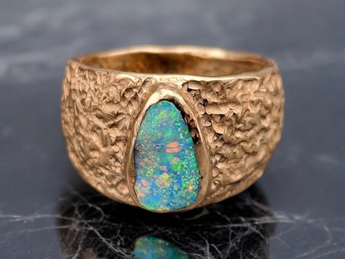 Wunderschöner Lightning Ridge Opal Design Ring aus 585er Gelbgold mit herrlicher Oberflächen Struktur, Gr. 58-59 (18,5), Opal - intensiv Multicolor Opalfeuer, 12x6,8mm, Unikat, Handarbeit