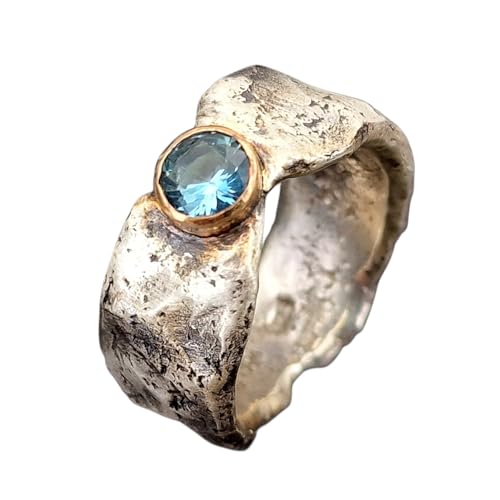 LeoLars-PABE Rustikaler, handgeschmiedeter Aquamarin Design Ring mit 750er Rosegold, Fassung aus 925er Silber, Stein rund facettiert, Unikat, Handarbeit, Gr.61 (19,5)