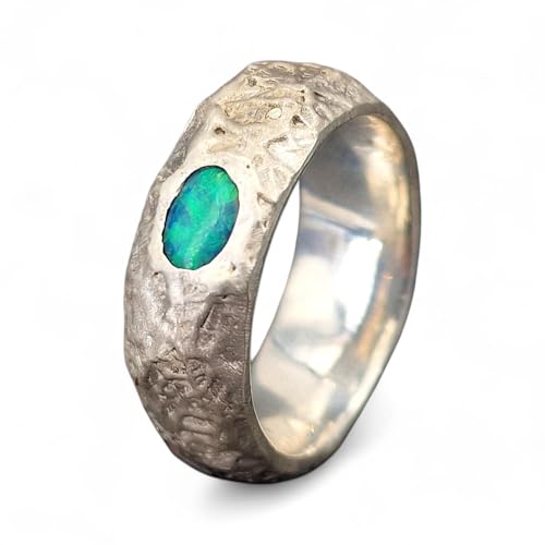 LeoLars-PABE Structure Design Lightning Ridge Opal Ring, Gr. 55-56 (17,7), aus 925er Silber, mit brilliantem grünen Opalfeuer, Ring mit angeschmolzener Oberflächen Struktur, Unikat, Handarbeit