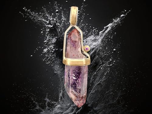 LeoLars-PABE Wundervoller Bicolor Design Anhänger aus 925er Silber und 585er Gelbgoldnmit einer Kristallstufe aus Amethyst und Hämatit Kristall, 1 pinkfarbener Labgrown Diamant, Unikat, Handarbeit