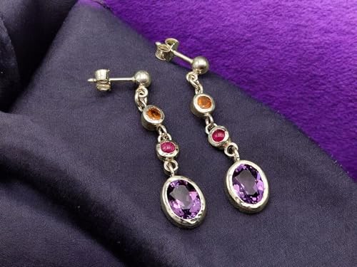 Design Edelstein Ohrhänger baumelnd mit Stecker aus 925er Silber mit Mandarin Granat, Rubin und Amethyst in Zargenfassung, Unikat, Handarbeit