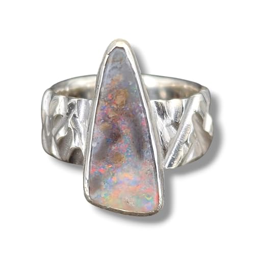 LeoLars-PABE Boulder Opal Design Ring aus 925er Silber, grobe Design Ring Struktur, massiv, Opal mit grauer gemeiner Opalschicht mit tollem mehrfarbigen Opalfeuer, Größe: 54 (17,2), Unikat Handarbeit