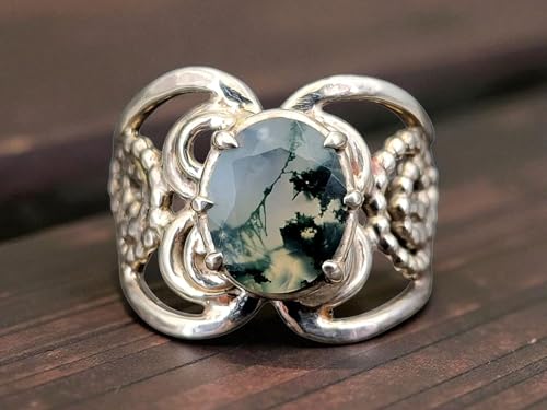 LeoLars-PABE Verspielter und verschnörkelter Moosachat Design Ring aus 925er Silber, Gr.54-55(17,5), Nr. 0108, Unikat, Handarbeit