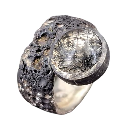 LeoLars-PABE Lava Design Ring aus geschwärztem 925er Silber mit herrlichem Turmalinquarz in Zargenfassung, erstarrtes Lava Design, Gr. 53/54 (17), Unikat, Handarbeit