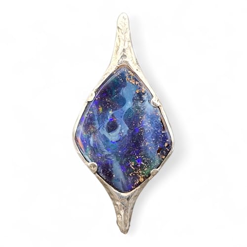 LeoLars-PABE Design Anhänger mit Boulder Opal aus 925er Silber, Picture Stone, Blick ins Universum mit schwarzem Loch, partielles buntes Opalfeuer, Unikat, Handarbeit, Unisex