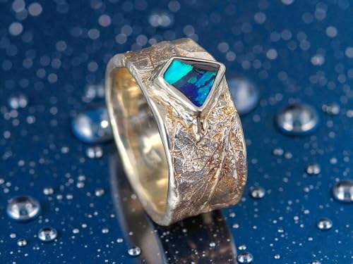 LeoLars-PABE Dark Boulder Opal Ring im 420er Kräuter Design aus 925er Silber, Gr. 61 (19,5) Opalfeuer in brilliantem grün-hellblau, Unikat, Handarbeit, Unisex