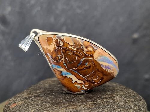 LeoLars-PABE Boulder Opal Anhänger aus 925er Silber mit tollem Muster und partiellem grün-blauem Opalfeuer, Unikat, Handarbeit, Unisex