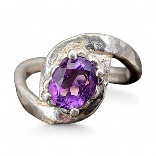 LeoLars-PABE Amethyst Design Ring, Gr. 58-59 (18,7), aus 925er Silber mit geschwungener Ringschiene, gehämmert, Unikat, Handarbeit