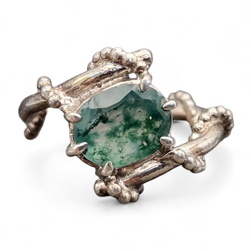 LeoLars-PABE Verspielter Design Moosachat Ring aus 925er Silber, Gr.56 (18), Nr. 0106, herrlich grün mit Innenleben, oval facettiert, Unikat, Handarbeit