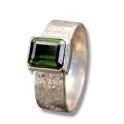 LeoLars-PABE Dunkelgrüner Turmalin Design Ring aus 925er Silber mit angeschmolzener Oberflächen Struktur, Gr. 58 (18,5), Unikat, Handarbeit