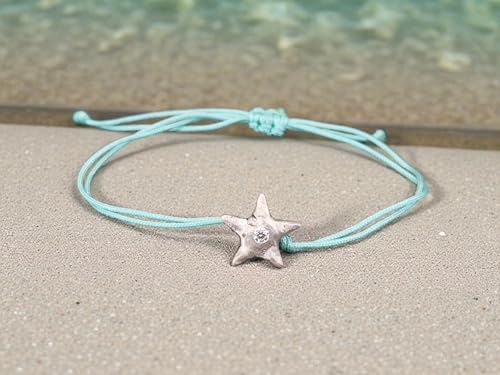 LeoLars-PABE Hellblaues Makramee Design Armband mit Seestern aus 925er Silber mit Labgrown Diamant, Umfang von 16-24cm, Unikat, Handarbeit