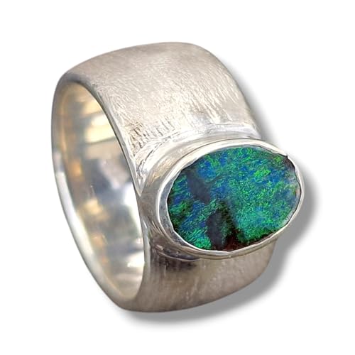 LeoLars-PABE Massiver Design Boulder Opal Ring aus 925er Silber, fein schraffierte Oberfläche, Opal-grünes Opalfeuer Pinfire, Größe: 56 (18), Unikat, Handarbeit