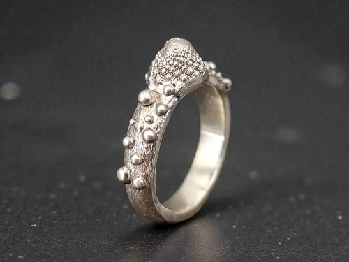 LeoLars-PABE Romanesco Design Ring, Gr. 55-56 (17,8), aus 925er Silber, abgeformt von echtem Romanesco, Ringschiene mit Kugeln und gebürstet, Vegetarier, Veganer, Unikat, Handarbeit