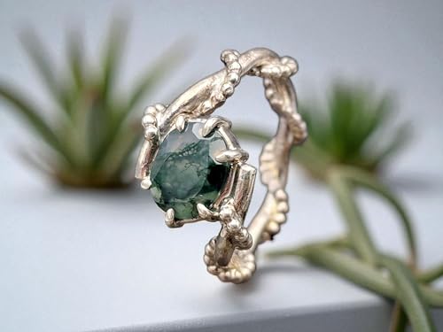 LeoLars-PABE Moosachat Design Ring aus 925er Silber verspielt verschnörkelt, schönes Innenleben, facettiert, oval, Gr. 60 (19,3), Unikat, Handarbeit, Nr. 0104