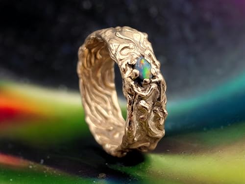 Herrlicher Lightning Ridge Opal Design Ring, Gr. 64 (20.2), Unisex, aus 585er Gelbgold mit toller verschnörkelter Oberfläche innen und außen, Opal mehrfarbig 4,8x3,6mm, Unikat, Handarbeit