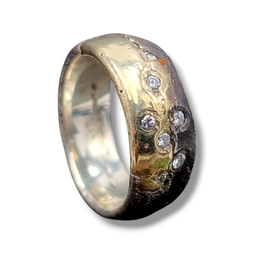 LeoLars-PABE Diamant Sandguss Bicolor Design Ring, aus 925er Silber und 585er Gelbgold, 7 echte Diamanten, teilgeschwärzt, Größe 56 (18), Unikat, Handarbeit